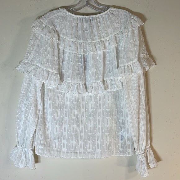 NWT. BCBGMAXAZRIA XS Shimmer Off-White Textured Ruffle Blouse. - Picture 8 of 12